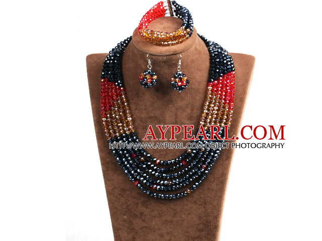 Fashion Multi Layer Black & Red & Brown Crystal perler African Wedding Jewelry Set (halskjede, armbånd og øredobber)