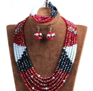 Fashion Multi Layer Red & Black & White Crystal Beads African Wedding Jewelry Set (Necklace, Bracelet & Earrings)