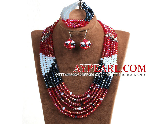 Muoti Multi Layer Red & Black & White kristalli helmiä Afrikkalainen Häät korusetti (kaulakoru, rannekoru ja korvakorut)