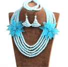 Sparkly Multi Layer Blue Crystal Beads African Wedding Jewelry Set With Statement Crystal Flower (Necklace, Bracelet & Earrings)