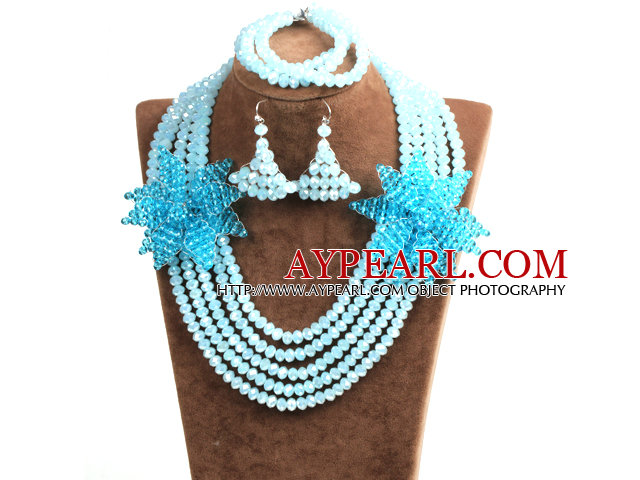 Glittrande Multi Layer Blue Crystal Pärlor afrikanska bröllop smycken set med Statement Crystal Flower (halsband, armband och örhängen)