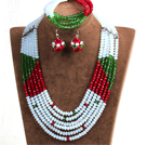 Fashion Multi Layer White & Red & Green Crystal perler African Wedding Jewelry Set (halskjede, armbånd og øredobber)