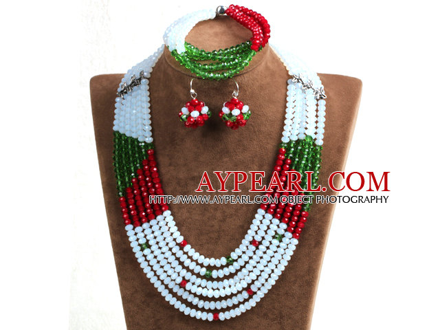 Fashion Multi Layer White & Red & Green Crystal perler African Wedding Jewelry Set (halskjede, armbånd og øredobber)