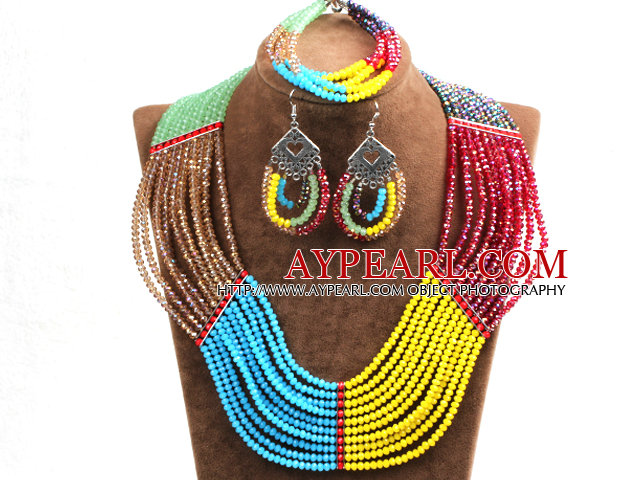 Fantastiska färgglada Multi Layer kristall pärlor afrikanska bröllop / Party Smycken Set (Halsband, armband & örhängen)