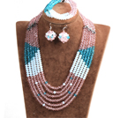 Fashion Multi Layer Pink & Blue & White Kristall-Korn-afrikanische Hochzeits-Schmuck-Set (Halskette, Armband und Ohrringe)