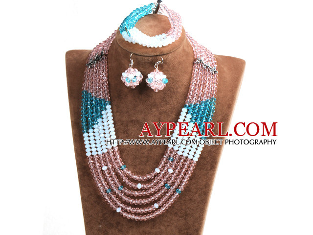 Мода Многослойной Розовый Синий и белый кристалл и бисер Африки Свадебный комплект ювелирных изделий (ожерелья, браслета и серег)