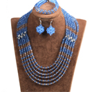 Classic Design Multi Layer Blue & Brown Crystal perler African Wedding Jewelry Set (halskjede, armbånd og øredobber)