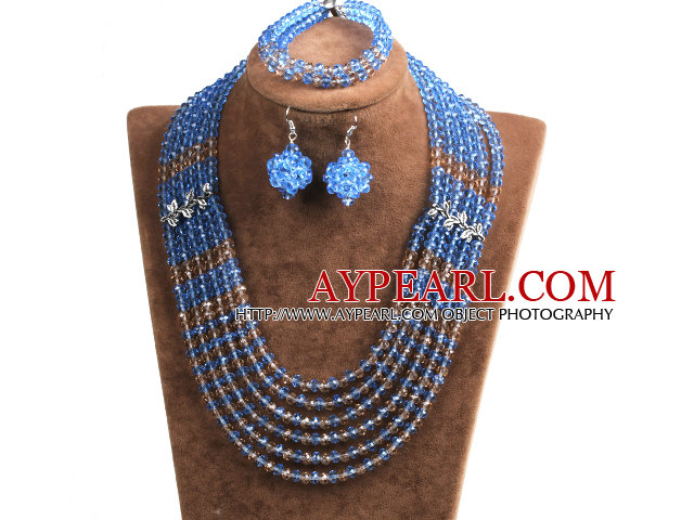 Classic Design Multi Layer Blue & Brown Crystal Beads African Wedding Jewelry Set (Necklace, Bracelet & Earrings)