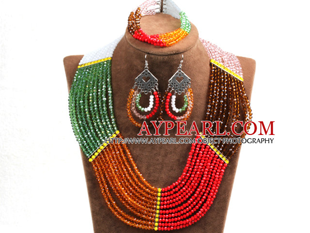 Fantastisk Colorful Multi Layer krystall perler afrikansk bryllup / fest Jewelry Set (halskjede, armbånd og øredobber)