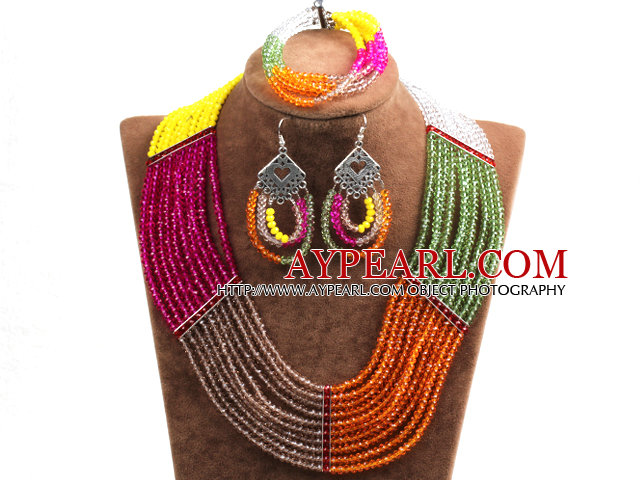 Hipanema Färgglada Multi Layer kristall pärlor afrikanska bröllop / Party Smycken Set (Halsband, armband & örhängen)