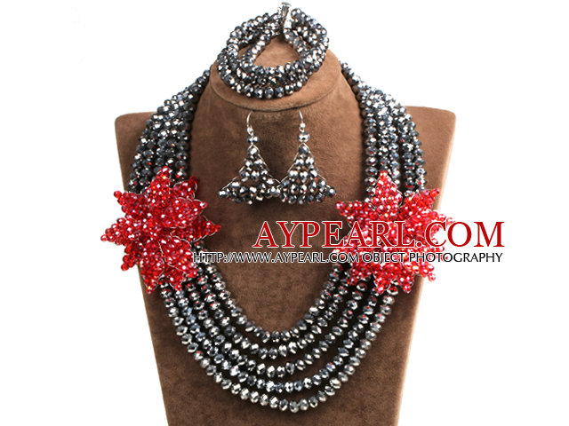 Sparkly Multi Layer Black Crystal Beads African Wedding Jewelry Set With Statement Red Crystal Flower (Necklace, Bracelet & Earrings)