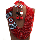 Beautiful Ethnic Style 10-Row Red & Black & White Crystal Beads African Wedding Jewelry Set (Necklace, Bracelet & Earrings)