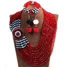 Beau style ethnique 10 Row Red & Black & White Crystal Perles africaine bijoux de mariage (collier, bracelet et boucles d'oreilles)