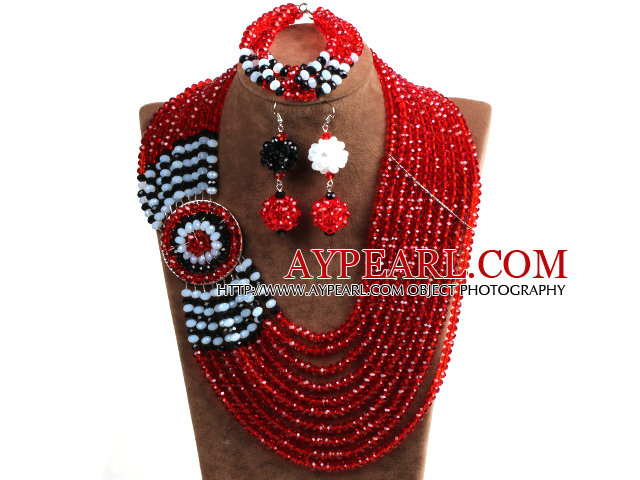 Vakker etnisk stil 10-Row Red & Black & White Crystal Perler afrikansk bryllup smykker sett (halskjede, armbånd og øredobber)