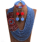 Beautiful Ethnic Style 10-Row Blue & Red & Gray Crystal Beads African Wedding Jewelry Set (Necklace, Bracelet & Earrings)