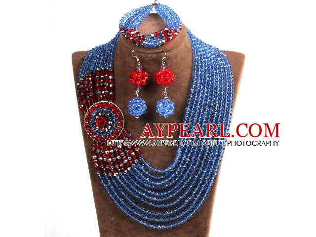 Beautiful Ethnic Style 10-Row Blue & Red & Gray Crystal Beads African Wedding Jewelry Set (Necklace, Bracelet & Earrings)