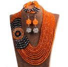 Beautiful Ethnic Style 10-Row Orange & Black & White Crystal Beads African Wedding Jewelry Set (Necklace, Bracelet & Earrings)