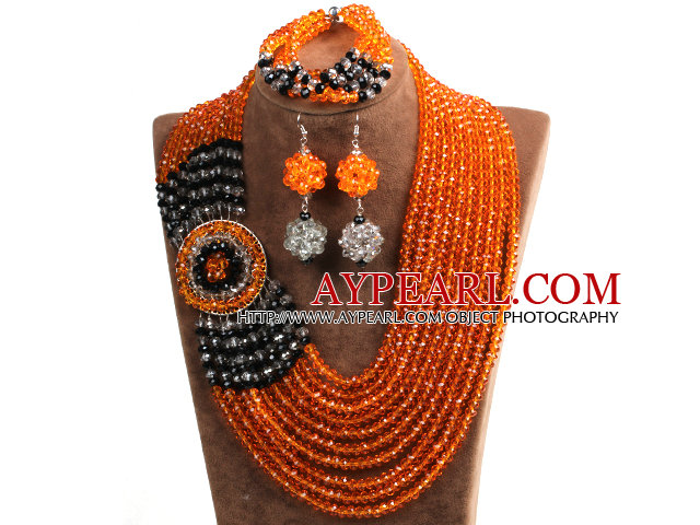 Beautiful Ethnic Style 10-Row Orange & Black & White Crystal Beads African Wedding Jewelry Set (Necklace, Bracelet & Earrings)