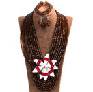 Statement Party Style Multi Layer Brown Crystal Beads African Costume Jewelry Set With Big Flower (Necklace, Bracelet & Earrings)