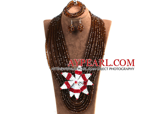 Statement Party Style Multi Layer Brown Crystal Beads African Costume Jewelry Set With Big Flower (Necklace, Bracelet & Earrings)