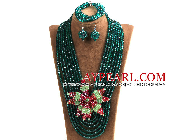 Statement Party Style Multi Layer Dark Green Crystal Beads African Costume Jewelry Set With Big Flower (Necklace, Bracelet & Earrings)