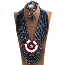 Statement Party Style Multi Layer Black Crystal Beads African Costume Jewelry Set With Big Flower (Necklace, Bracelet & Earrings)