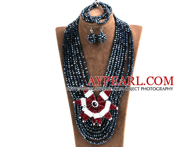 Statement Partei-Art Multi Layer Black Crystal Beads afrikanischen Kostüm-Schmuck-Set mit großer Blume (Halskette, Armband und Ohrringe)