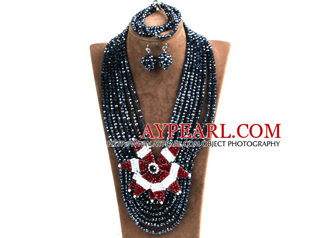 Statement Party Style Multi Layer Black Crystal Beads African Costume Jewelry Set With Big Flower (Necklace, Bracelet & Earrings)