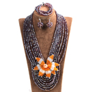 Statement Party Style Multi Layer Purple Crystal Beads African Costume Jewelry Set With Big Flower (Necklace, Bracelet & Earrings)