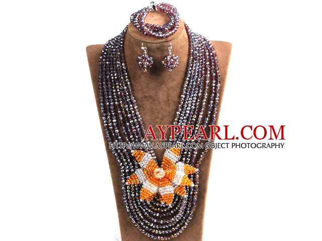 Statement Party Style Multi Layer Purple Crystal Beads African Costume Jewelry Set With Big Flower (Necklace, Bracelet & Earrings)