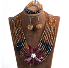 Elegant Multi Layer Brown & Black Crystal Beads Costume Jewelry Set with Statement Purple Shell Flower (Necklace, Bracelet & Earrings)