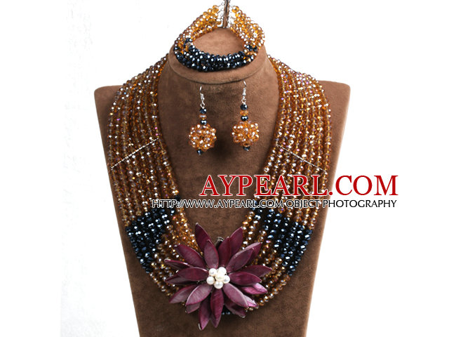 Elegante Multi Layer Brown & Black Kristall-Perlen-Kostüm-Schmuck-Set mit Erklärung lila Schale Blume (Halskette, Armband und Ohrringe)