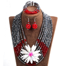 Elegant Multi Layer Silver & Red Crystal Beads Costume Jewelry Set with Statement White Shell Flower (Necklace, Bracelet & Earrings)