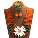 Elegant Multi Layer Orange & Green Crystal Beads Costume Jewelry Set with Statement White Shell Flower (Necklace, Bracelet & Earrings)