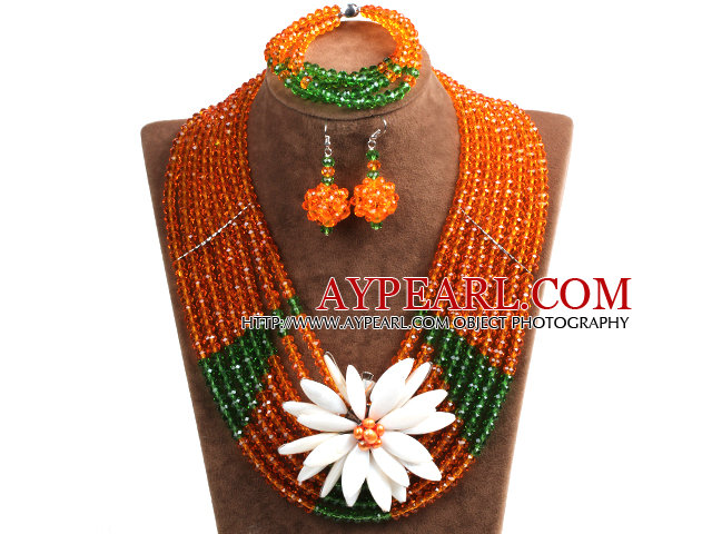 Elegant Multi Layer Orange & Green Crystal Beads Costume Jewelry Set with Statement White Shell Flower (Necklace, Bracelet & Earrings)