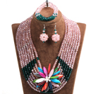 Elegant Multi Layer Pink & Dark Green Crystal Beads Costume Jewelry Set with Statement Colorful Shell Flower (Necklace, Bracelet & Earrings)