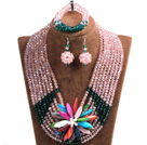 Elegante Multi Layer Rosa u Dark Green Kristall-Perlen Modeschmuck mit Erklärung Set Bunte Shell-Blume (Halskette, Armband und Ohrringe)