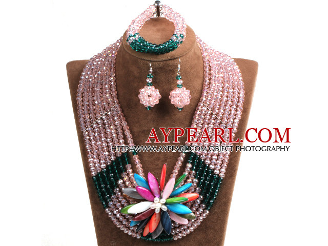 Elegant Multi Layer Pink & Dark Green Crystal Beads Costume Jewelry Set with Statement Colorful Shell Flower (Necklace, Bracelet & Earrings)