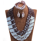 Trendy Party Style Multi Layer Purple & White Crystal African Wedding Jewelry Set (Necklace, Bracelet & Earrings)