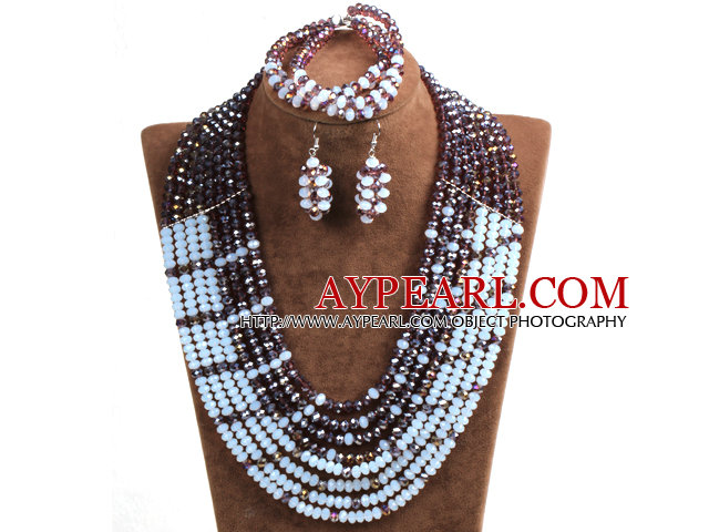 Trendig Party Style Multi Layer Purple & White Crystal afrikanska bröllop smycken set (halsband, armband och örhängen)