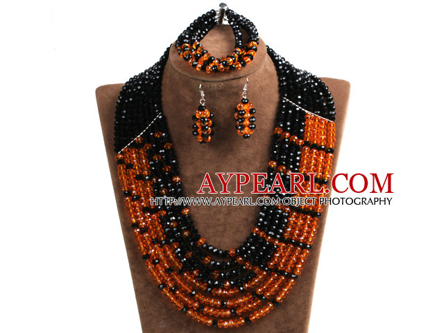 Trendy Party Style Multi Layer Orange & Black Crystal African Wedding Jewelry Set (Necklace, Bracelet & Earrings)