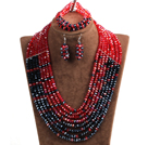 Trendy Partei-Art Multi Layer Red & Black Crystal afrikanische Hochzeits-Schmuck-Set (Halskette, Armband und Ohrringe)