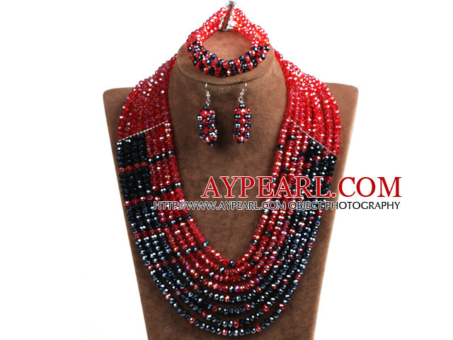 Trendy Party Style Multi Layer Red & Black Crystal African Wedding Jewelry Set (Necklace, Bracelet & Earrings)