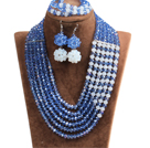 Multi Layer fabulos Blue & alb margele de cristal din Africa costum Set bijuterii (colier, bratara si cercei)