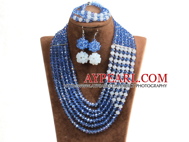 Fabulous Multi Layer Blue & White Crystal Beads African Costume Jewelry Set (Necklace, Bracelet & Earrings)
