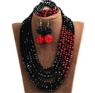 Fabulous Multi Layer Black & Red Crystal Beads African Costume Jewelry Set (Necklace, Bracelet & Earrings)