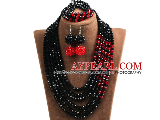 Fabulous Multi Layer Black & Red Crystal perler afrikanske Costume Jewelry Set (halskjede, armbånd og øredobber)