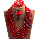 Fabulous Multi Layer Red & Brown Crystal Beads African Costume Jewelry Set (Necklace, Bracelet & Earrings)
