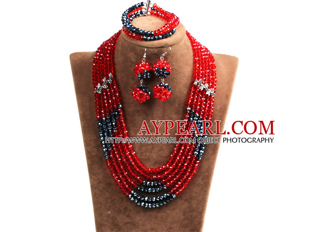 Popular Style Multi Layer Bright Red & Black Crystal African Wedding Jewelry (Necklace, Bracelet & Earrings)