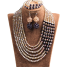 Fabulous Multi Layer Champagne & Purple Crystal Beads African Costume Jewelry Set (Necklace, Bracelet & Earrings)